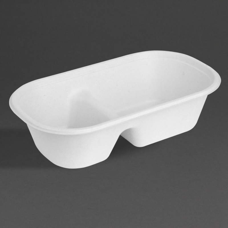 Ovale bakjes 2 compartimenten bagasse Fiesta Compostable 900ml (set van 100)