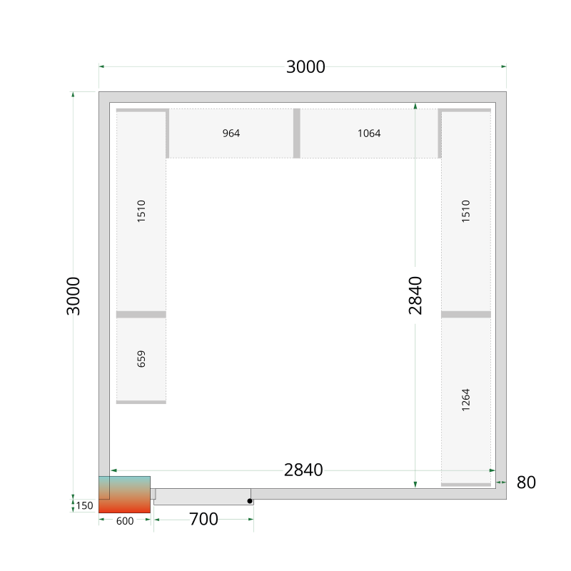 Koelcelpanelen 80 mm - zonder vloer CR 300x300x212 NF - TEFCOLD - 44098