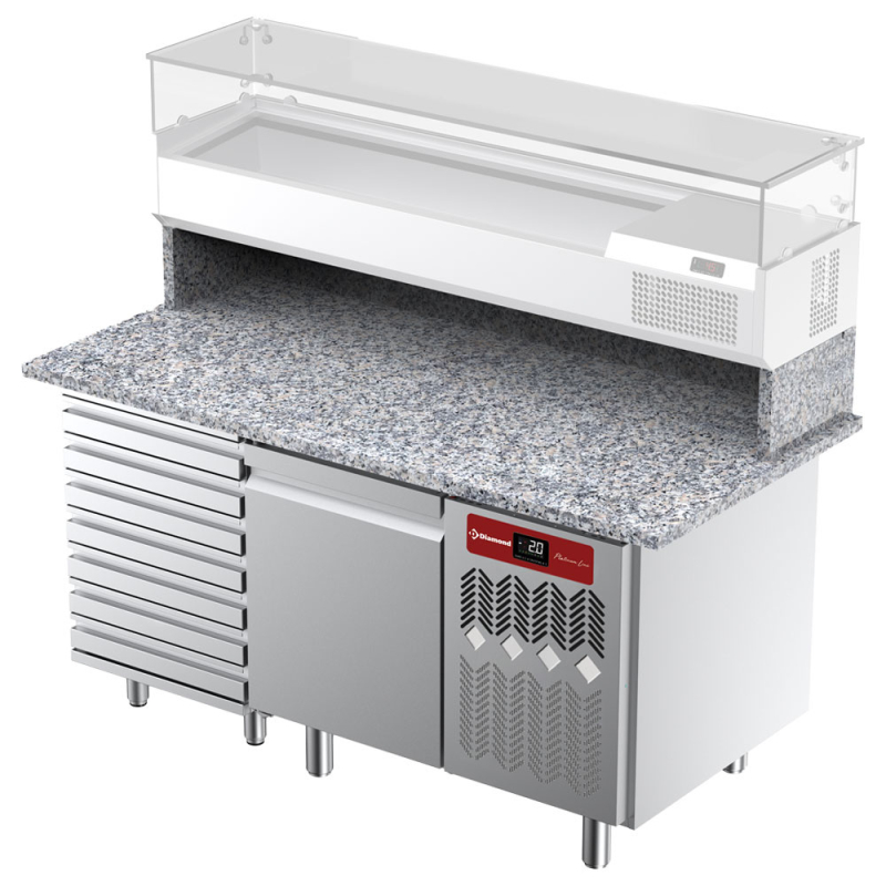 Gekoelde werktafel, geventileerd, voor pizza 1 deur en 7 laden met granitwerk blad - Diamond - TPC-165/M2