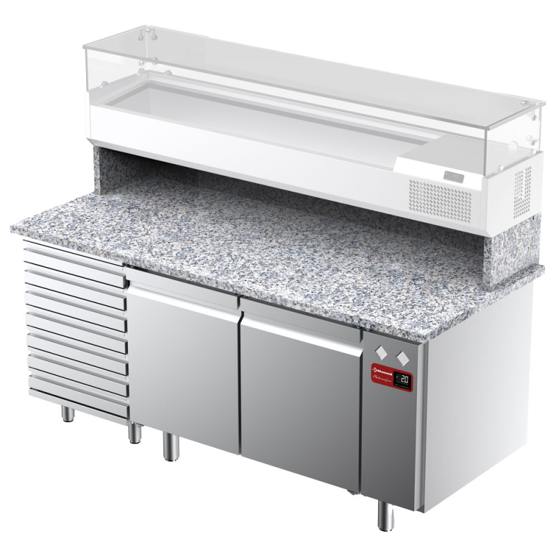 Koelwerkblad, geventileerd, voor pizza 2 deuren en 7 laden met granitenen werkblad (zonder groep) - Diamond - TPC-185/