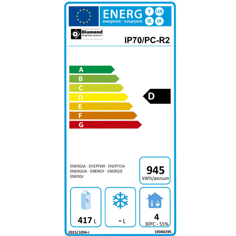 Gekoelde kast EN 600x400, ventilatorgekoeld/statisch 1 deur - Diamond - IP70/PC-R2