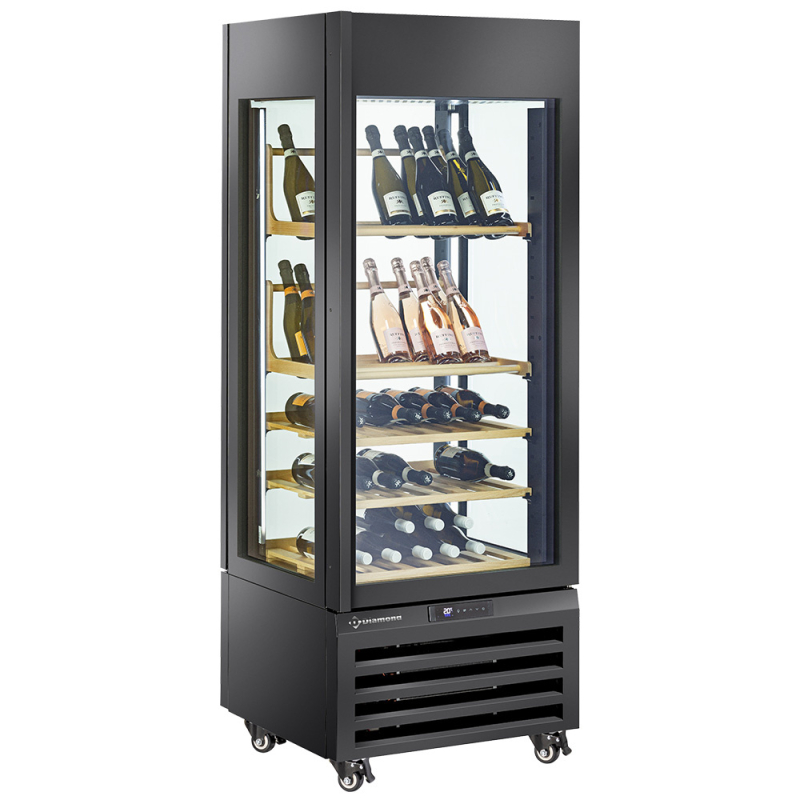 Gekoelde vitrine "FULL vitraging" 440 Lt., 1 niveau + 4 legborden, ventilator - WINE - ZWART - Diamond - MAX/507-VB2