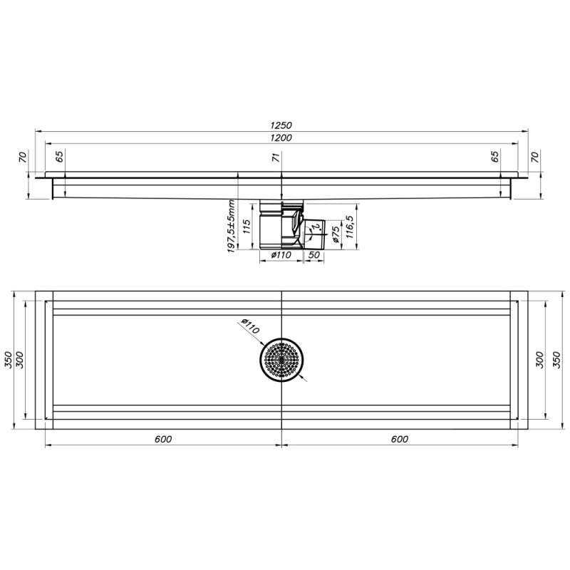 RVS vloergoot 1200x300, horizontale afvoer - Diamond - GS123-H