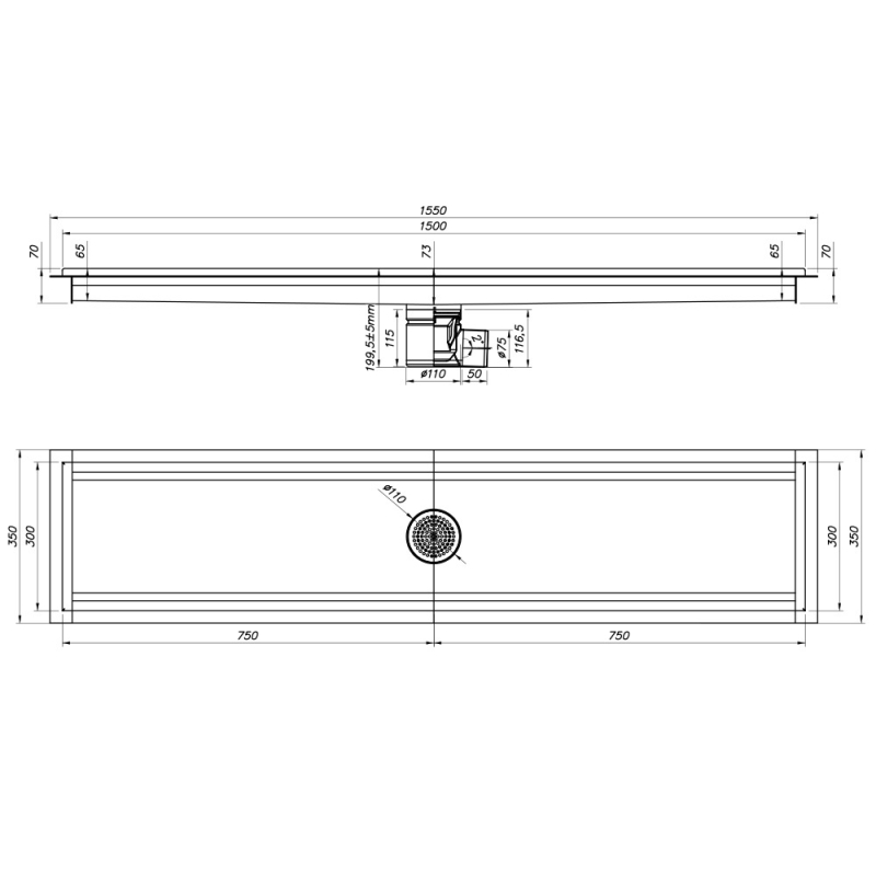 RVS vloergoot 1500x300, horizontale afvoer - Diamond - GS153-H