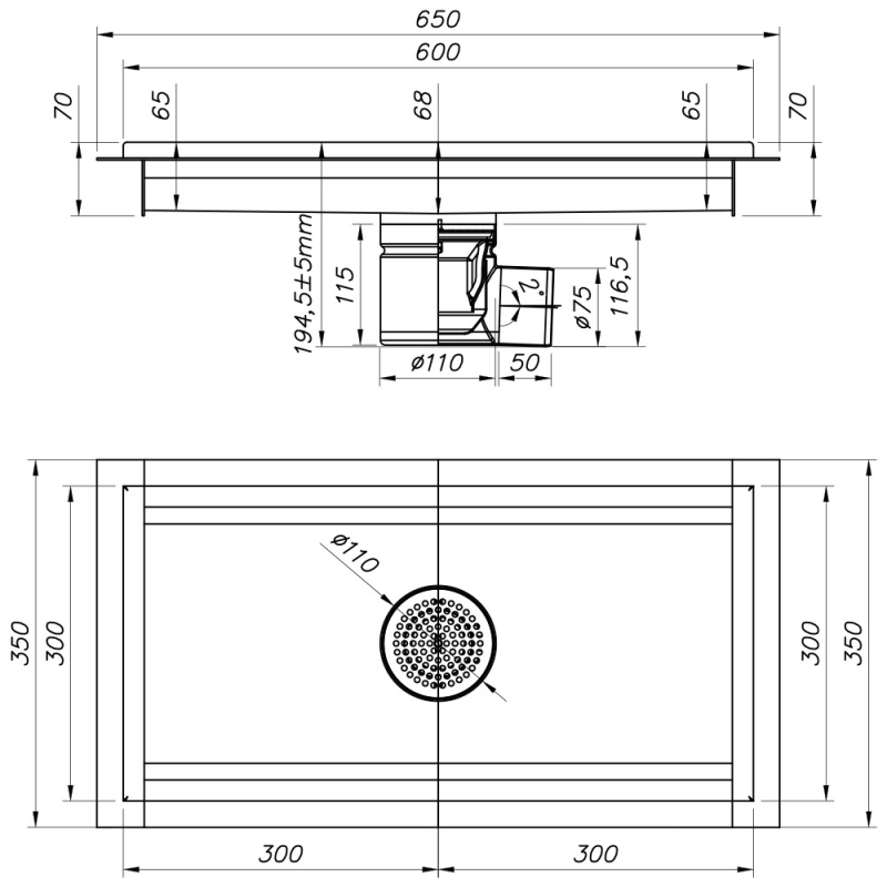 RVS vloergoot 600x300, horizontale afvoer - Diamond - GS63-H