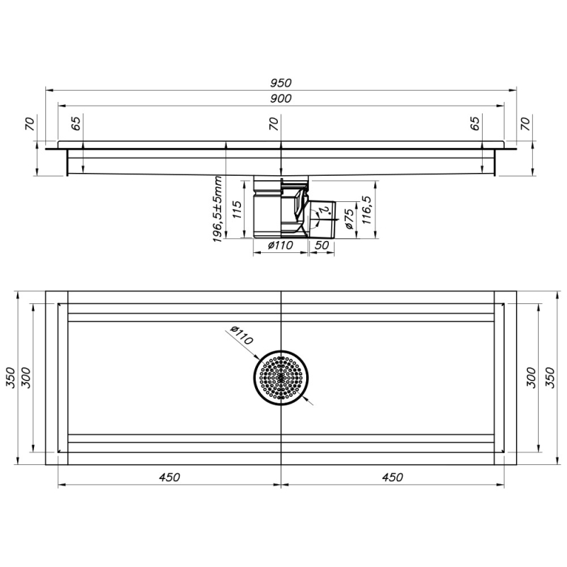 RVS vloergoot 900x300, horizontale afvoer - Diamond - GS93-H