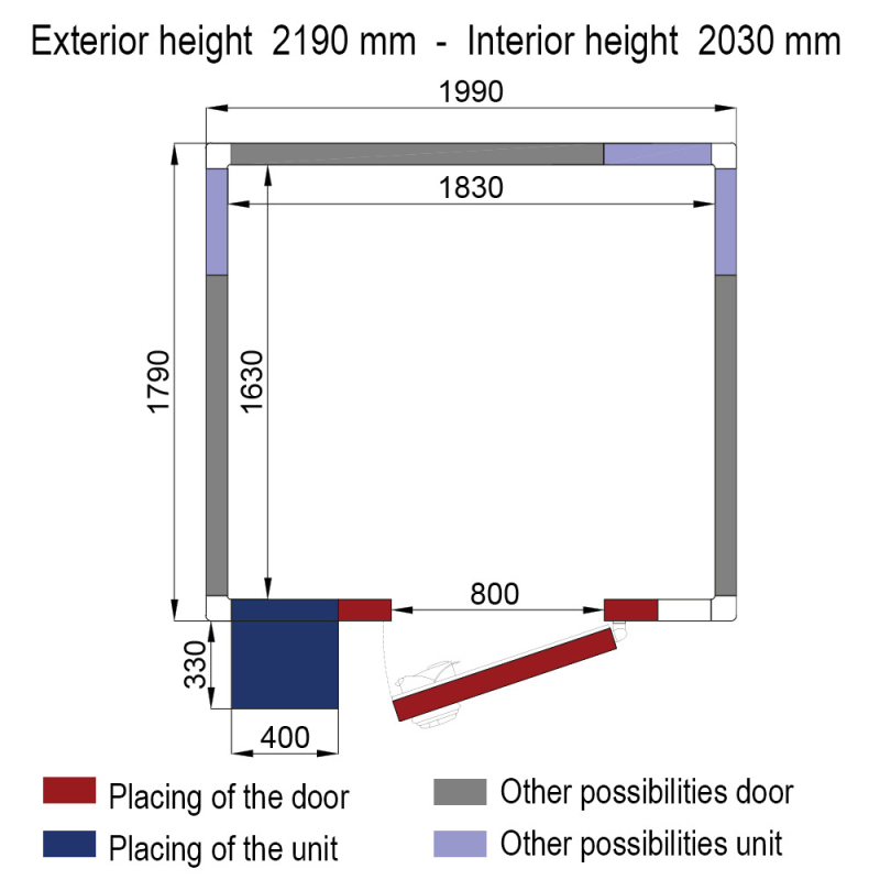 Koelcel ISO 80 met koelgroep, binnenmaten 1830 x 1630 x h2030mm (6,06m&sup3;) - Diverso - WR-Z2020-8U-R2