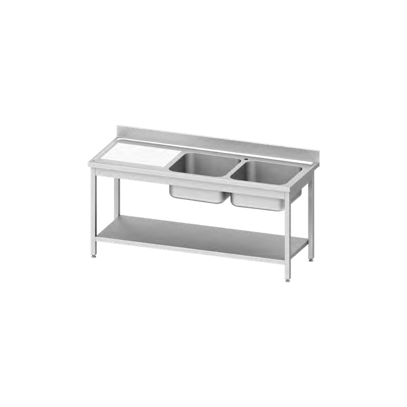 Plonge deux bacs avec &eacute;tag&egrave;re Stalgast &mdash; 954597160 &mdash; Easy Line &mdash; 1600 &times; 700 &times; 850 mm