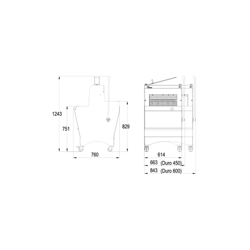 Afmetingen van de halfautomatische framesnijmachines duro 450 en duro 600