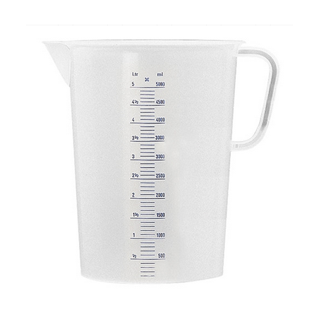 Plastic maat, gegradueerd. Hij is geschikt voor een inhoud van 500 ml