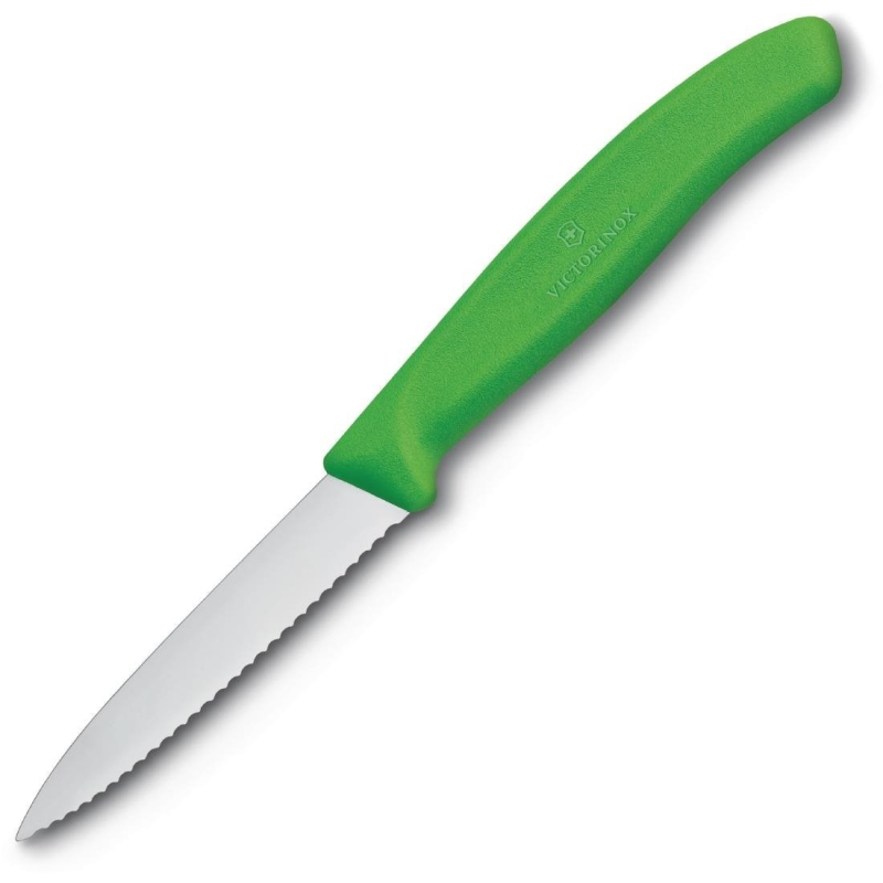 Couteau d'office lame dent&eacute;e bout pointu Victorinox vert 80mm - CP841 - Victorinox