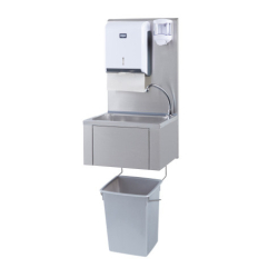 Handwasbak 460x380x855 met vrouwelijke bediening lange achterwand prullenbak dispenser zeep en handdoek kunststof - Sofinor -