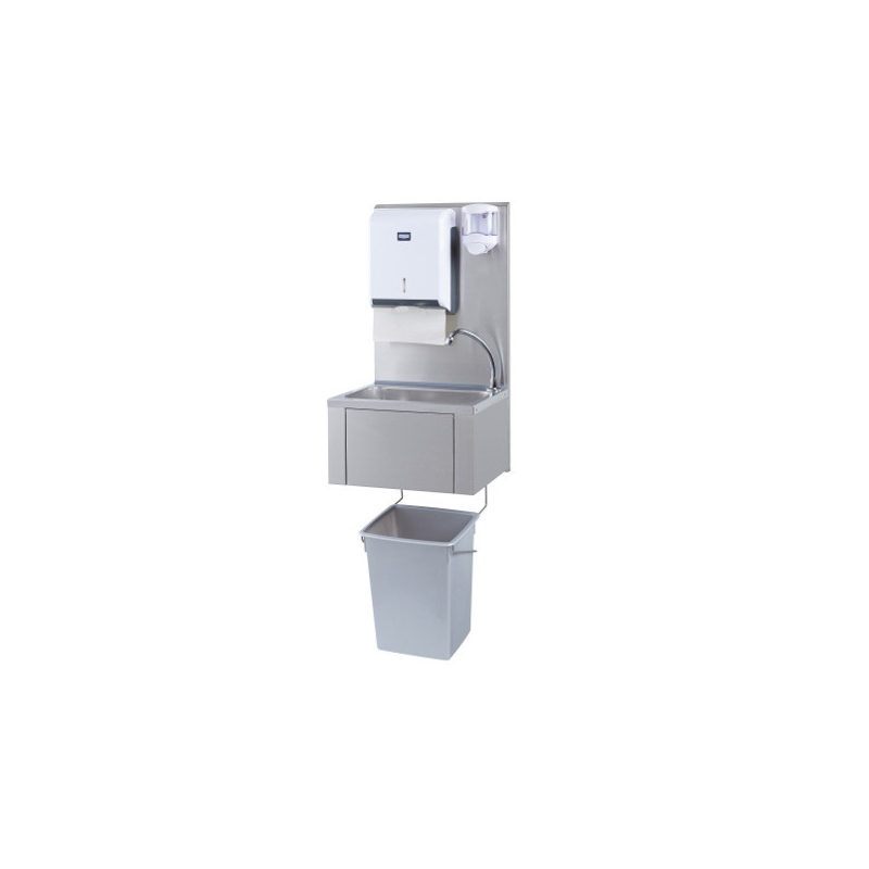 Lave-mains 460x380x855 a commande femorale dosseret long poubelle distri savon et essui main plastique - Sofinor - LMASWT