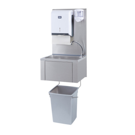 Handwasbak 460x380x855 met vrouwelijke bediening lange achterwand prullenbak dispenser zeep en handdoek kunststof - Sofinor -