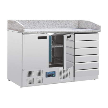 Comptoir &agrave; pizza dessus marbre 2 portes 6 tiroirs &agrave; p&acirc;tons compresseur inf&eacute;rieur S&eacute;rie G - Polar - CT425