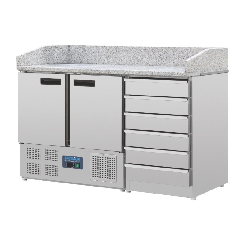 Marmeren blad pizzatoonbank 2 deuren 6 laden met bodemcompressor G serie - Polar - CT425