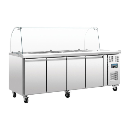 Comptoir de pr&eacute;paration r&eacute;frig&eacute;r&eacute; GN avec pare-haleine S&eacute;rie U 4 portes - Polar - CT395