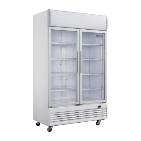 Armoire r&eacute;frig&eacute;r&eacute;e 2 portes vitr&eacute;es &agrave; charni&egrave;res avec caisson lumineux Polar S&eacute;rie G 950L