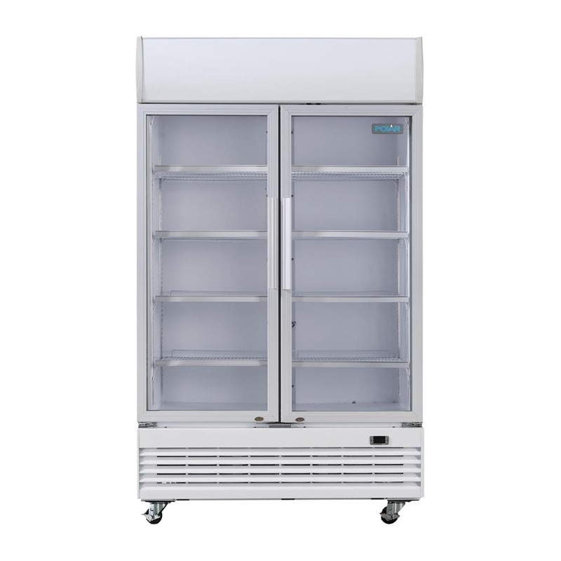 Armoire r&eacute;frig&eacute;r&eacute;e 2 portes vitr&eacute;es &agrave; charni&egrave;res avec caisson lumineux Polar S&eacute;rie G 950L
