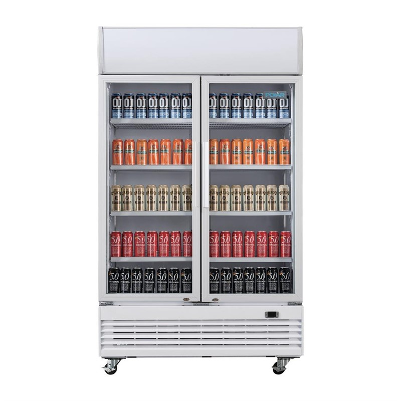 Armoire r&eacute;frig&eacute;r&eacute;e 2 portes vitr&eacute;es &agrave; charni&egrave;res avec caisson lumineux Polar S&eacute;rie G 950L