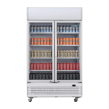 Armoire r&eacute;frig&eacute;r&eacute;e 2 portes vitr&eacute;es &agrave; charni&egrave;res avec caisson lumineux Polar S&eacute;rie G 950L