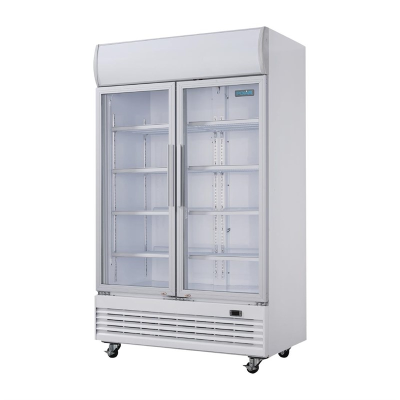 Armoire r&eacute;frig&eacute;r&eacute;e 2 portes vitr&eacute;es &agrave; charni&egrave;res avec caisson lumineux Polar S&eacute;rie G 950L