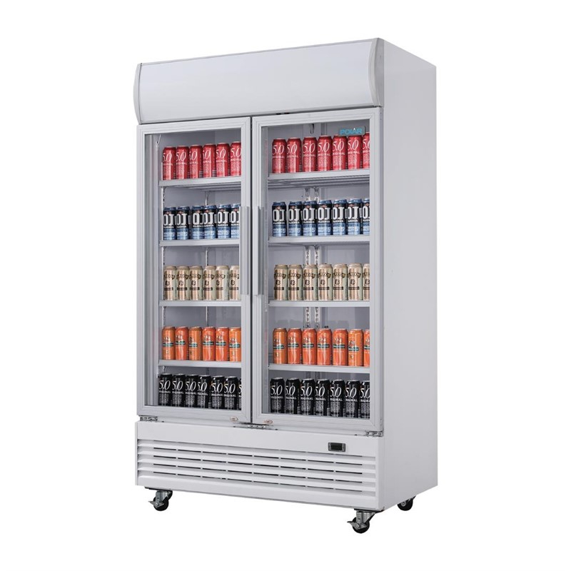Armoire r&eacute;frig&eacute;r&eacute;e 2 portes vitr&eacute;es &agrave; charni&egrave;res avec caisson lumineux Polar S&eacute;rie G 950L