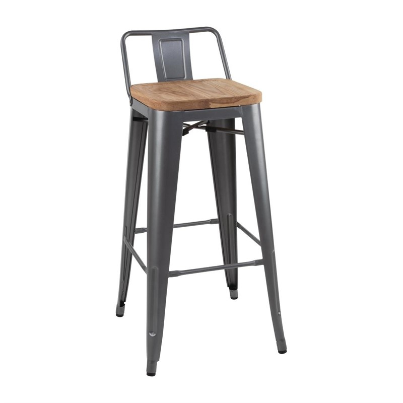 Tabourets bistro hauts avec dossier et assise en bois Bolero gris m&eacute;tallis&eacute; (lot de 4)