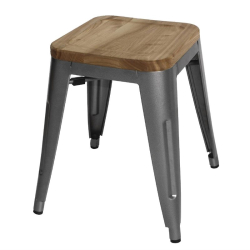 Tabourets bistro bas en acier gris m&eacute;tal avec assise en bois Bolero (lot de 4)