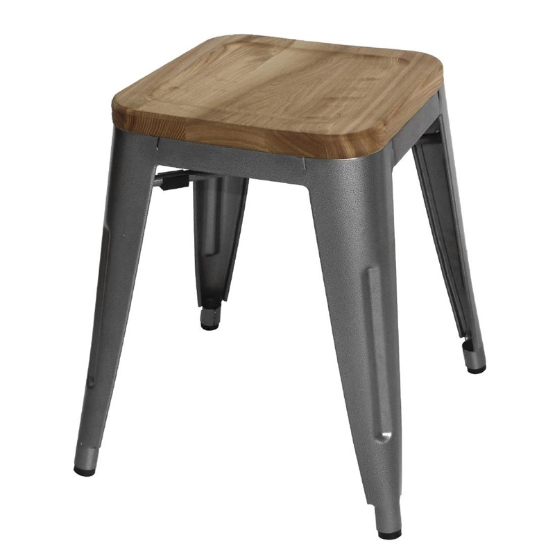 Tabourets bistro bas en acier gris m&eacute;tal avec assise en bois Bolero (lot de 4)