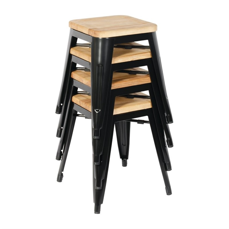 Tabourets bistro bas en acier noir avec assise en bois Bolero (lot de 4)