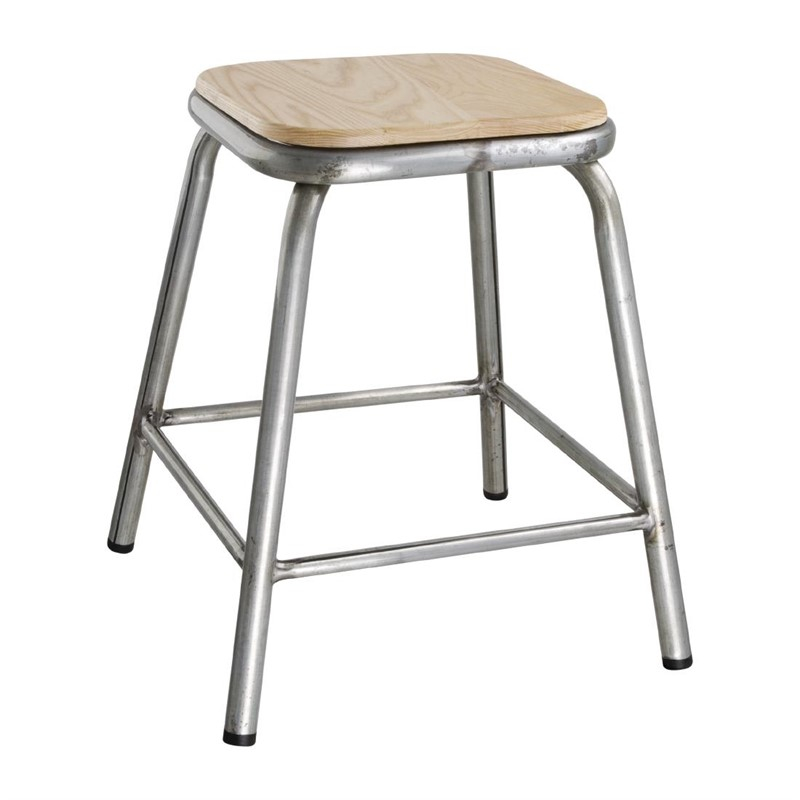 Tabouret bas en acier galvanis&eacute; avec assise en bois Bolero Cantina (lot de 4)