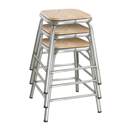 Tabouret bas en acier galvanis&eacute; avec assise en bois Bolero Cantina (lot de 4)