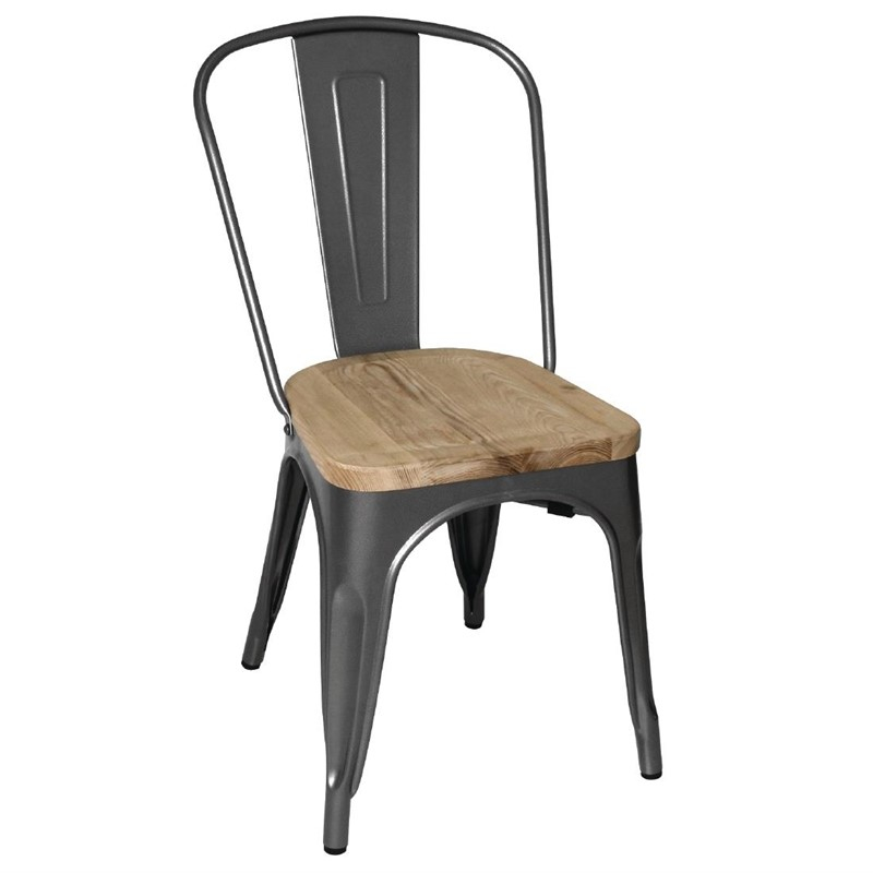 Chaises en acier avec assise en bois Bolero Bistro gris m&eacute;tallis&eacute; (lot de 4)