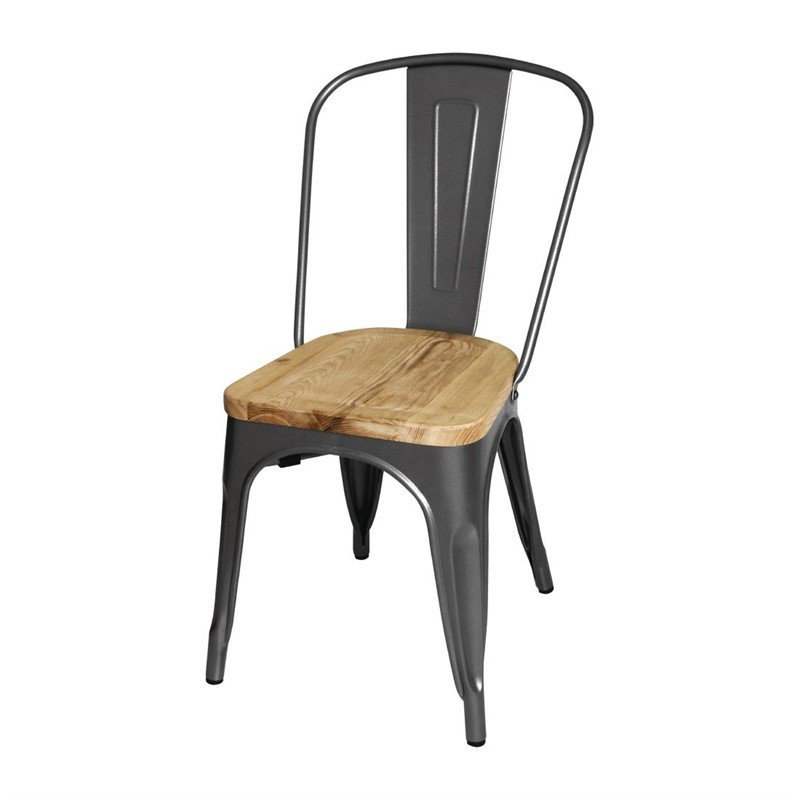 Chaises en acier avec assise en bois Bolero Bistro gris m&eacute;tallis&eacute; (lot de 4)