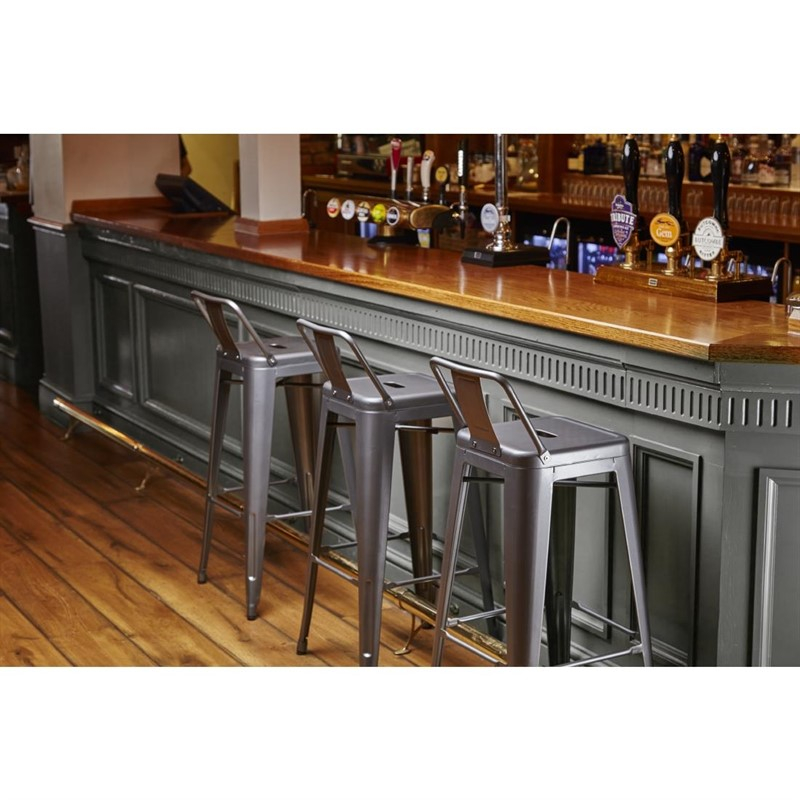 Tabourets hauts en acier gris m&eacute;tal avec dossier Bolero Bistro (lot de 4)