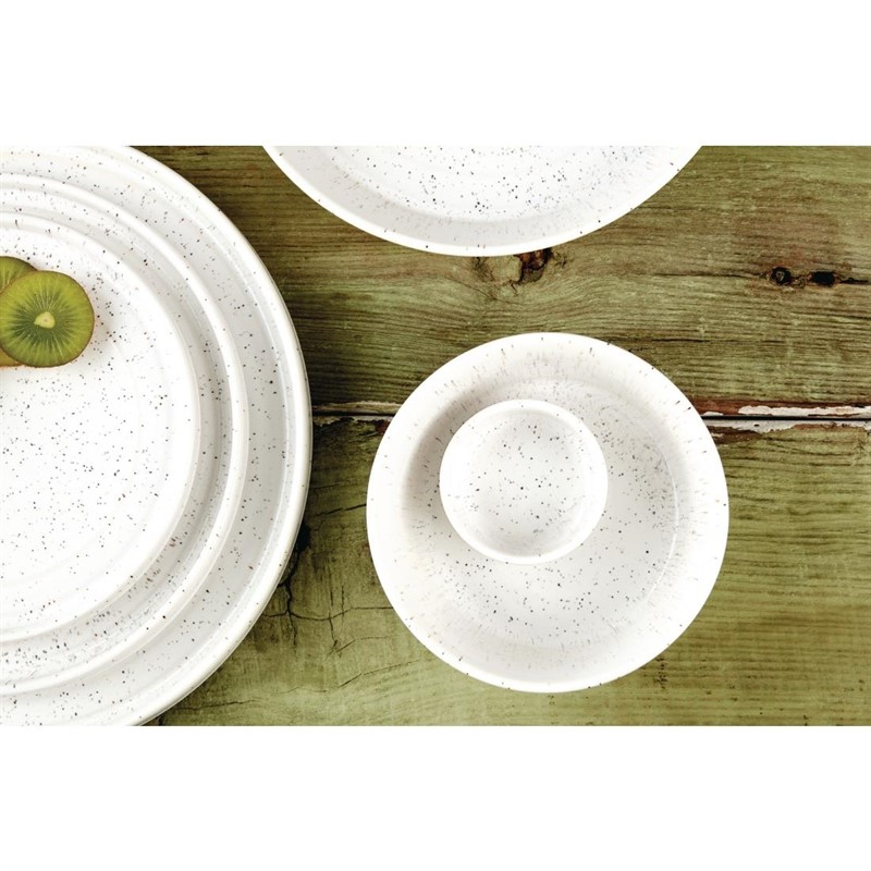 Assiettes plates rondes Olympia Cavolo blanc mouchet&eacute; 220mm (lot de 6)