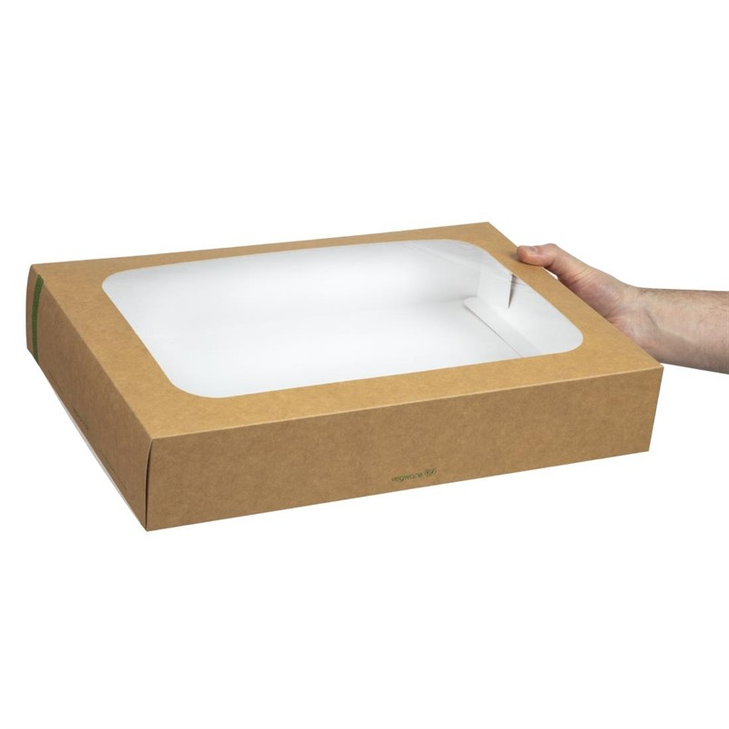 Grandes bo&icirc;tes compostables avec plateau et couvercle &agrave; fen&ecirc;tre Vegware (Lot de 25)