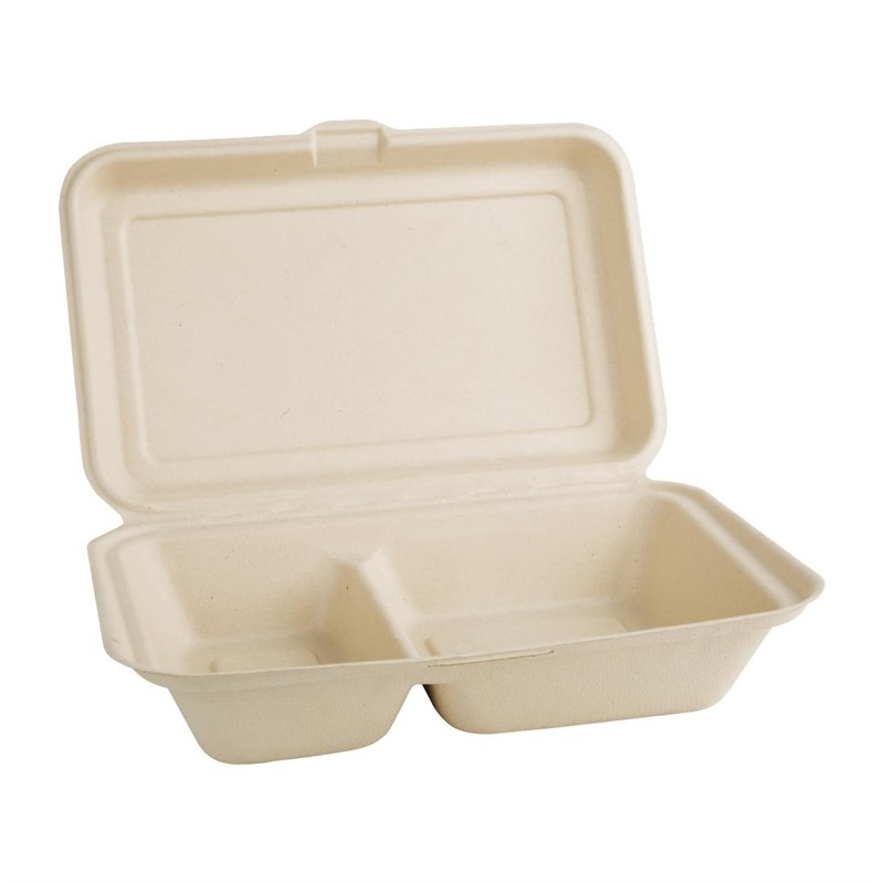 Bo&icirc;tes 2 compartiments avec couvercle &agrave; charni&egrave;re compostables en bagasse coloris naturel Fiesta Compostable 253mm (lot de 200)