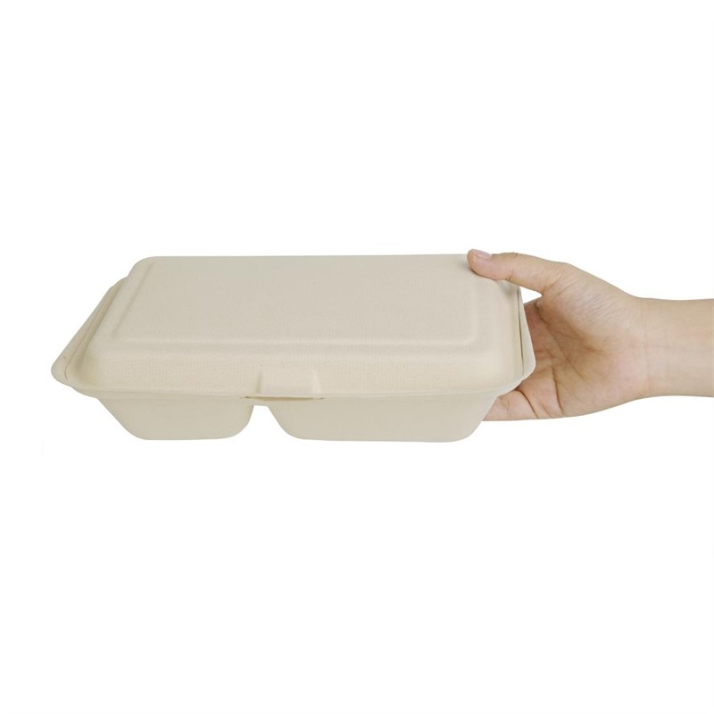 Bo&icirc;tes 2 compartiments avec couvercle &agrave; charni&egrave;re compostables en bagasse coloris naturel Fiesta Compostable 253mm (lot de 200)
