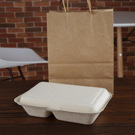 Bo&icirc;tes 2 compartiments avec couvercle &agrave; charni&egrave;re compostables en bagasse coloris naturel Fiesta Compostable 253mm (lot de 200)