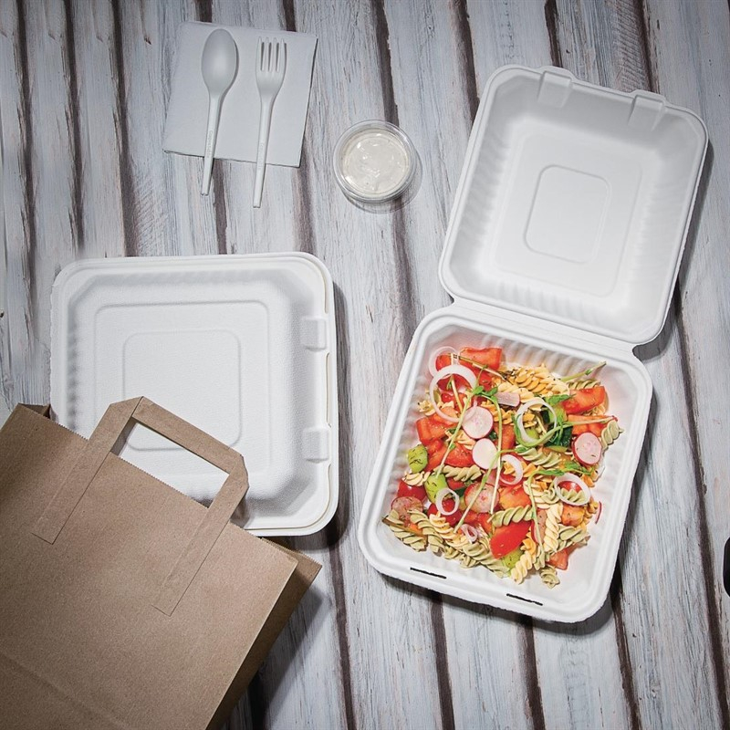 Bo&icirc;tes avec couvercle &agrave; charni&egrave;re compostables en bagasse Fiesta Compostable 236mm (lot de 200)