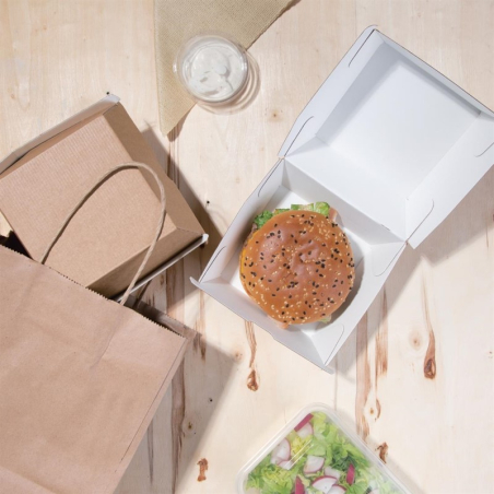 Grandes bo&icirc;tes hamburger compostables kraft Fiesta Compostable 112mm (lot de 150)