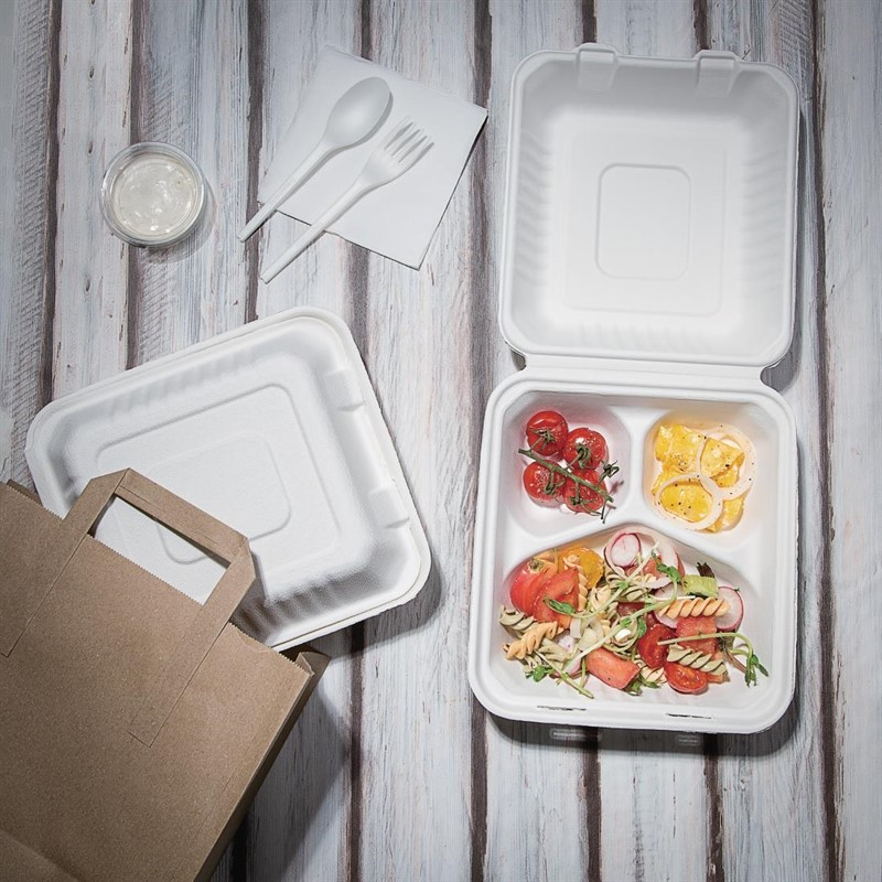 Bo&icirc;tes 3 compartiments avec couvercle &agrave; charni&egrave;re compostables en bagasse Fiesta Compostable 201mm (lot de 200)