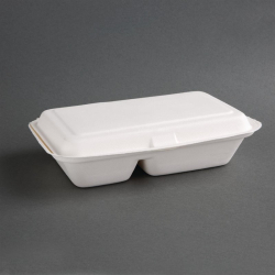 Bo&icirc;tes 2 compartiments avec couvercle &agrave; charni&egrave;re compostables en bagasse Fiesta Compostable 253mm (lot de 200)