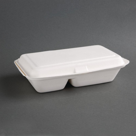 Bo&icirc;tes 2 compartiments avec couvercle &agrave; charni&egrave;re compostables en bagasse Fiesta Compostable 253mm (lot de 200)