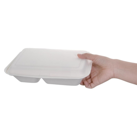 Bo&icirc;tes 2 compartiments avec couvercle &agrave; charni&egrave;re compostables en bagasse Fiesta Compostable 253mm (lot de 200)