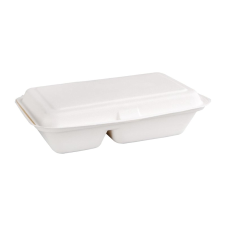 Bo&icirc;tes 2 compartiments avec couvercle &agrave; charni&egrave;re compostables en bagasse Fiesta Compostable 253mm (lot de 200)