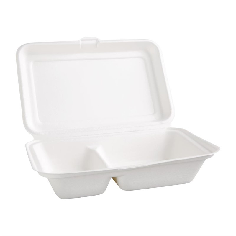 Bo&icirc;tes 2 compartiments avec couvercle &agrave; charni&egrave;re compostables en bagasse Fiesta Compostable 253mm (lot de 200)