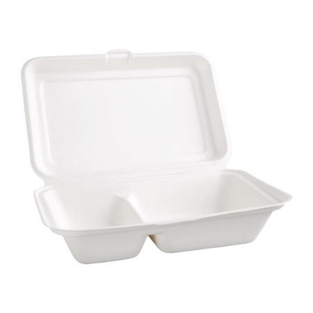 Bo&icirc;tes 2 compartiments avec couvercle &agrave; charni&egrave;re compostables en bagasse Fiesta Compostable 253mm (lot de 200)